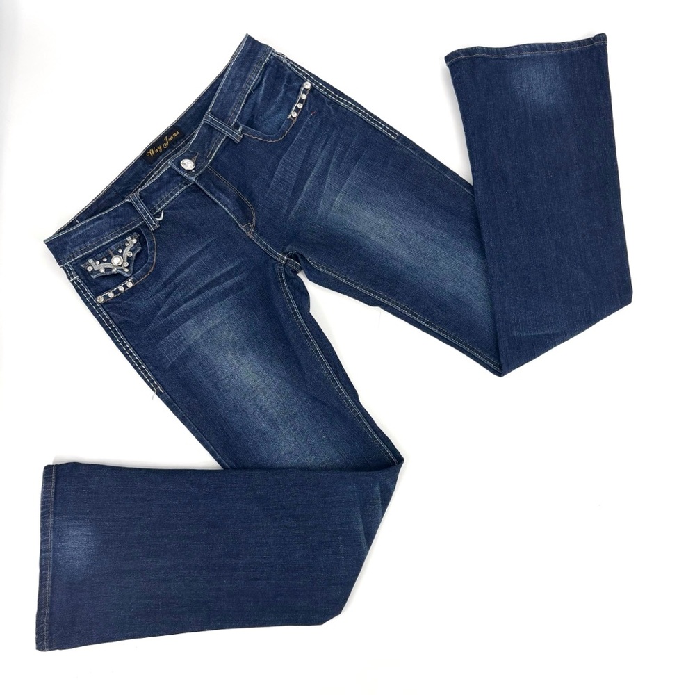 Way Jeans Dark Blue Wash Rhinestone Accents Slim Fit Bootcut Jeans, 11